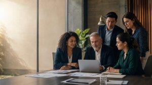 Profissionais da Administração reunidos em ambiente corporativo, analisando estratégias e resultados.