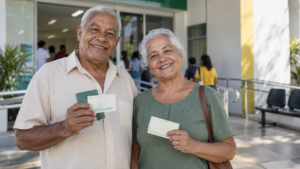 Homem e mulher idosos em ambiente de atendimento publico, representando informacao sobre prova de vida do INSS